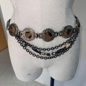 Streets Ahead Vintage Womens Belt Size Large Brown Pony Hair Brass Layered